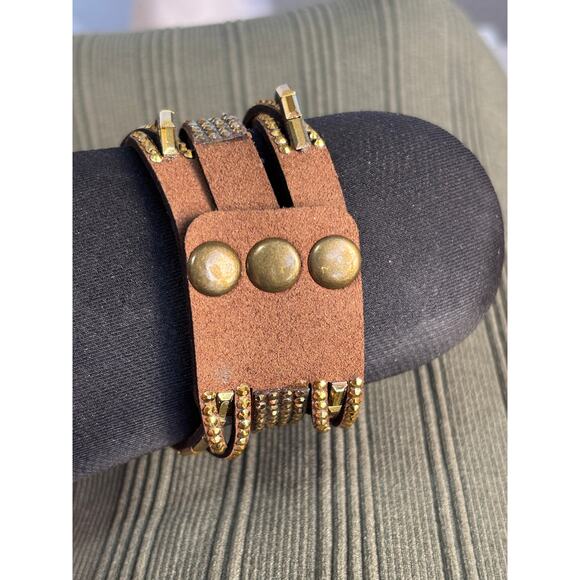 Women's Layered Leather Bracelet with Gold Rhinestones Y2K BOHO Glam Retro - Picture 5 of 9